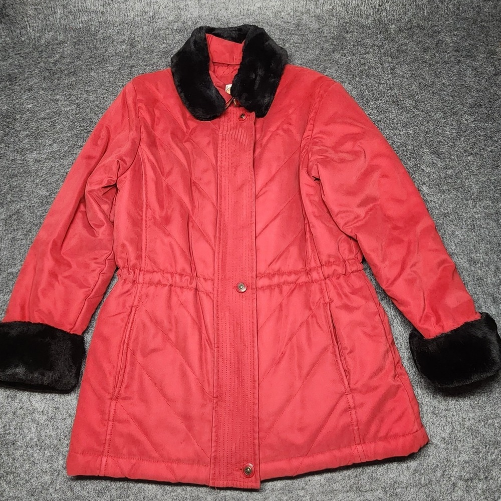 Talbots Red Insulated Black Faux Fur Collar Cuffs Winter Jacket Coat Small